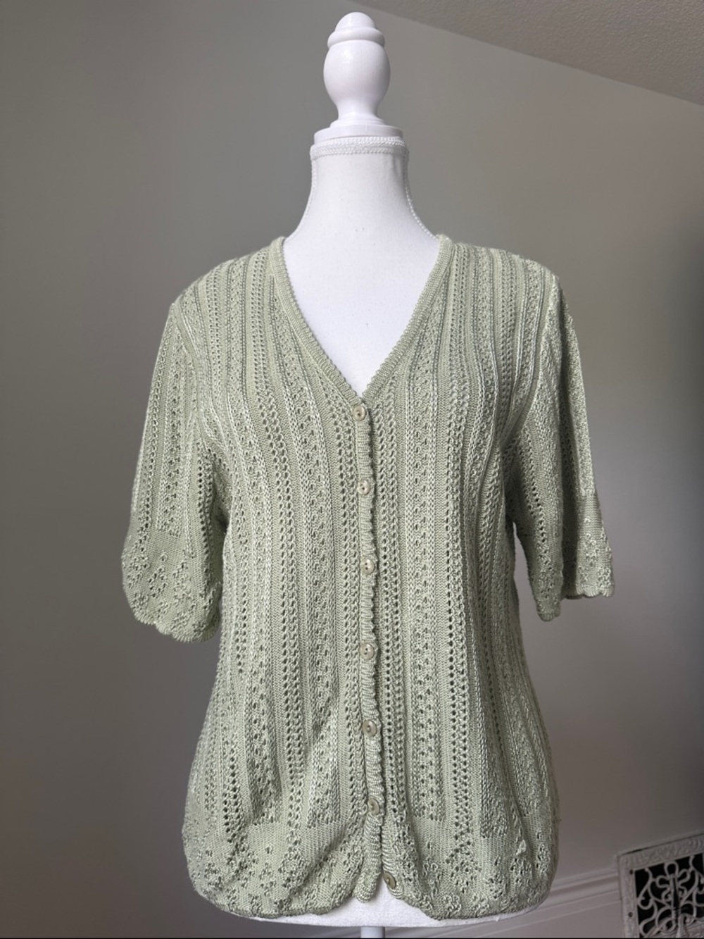 JENNIFER MOORE‎ Vintage Green Knit Cottagecore Short Sleeve Cardigan Size Large